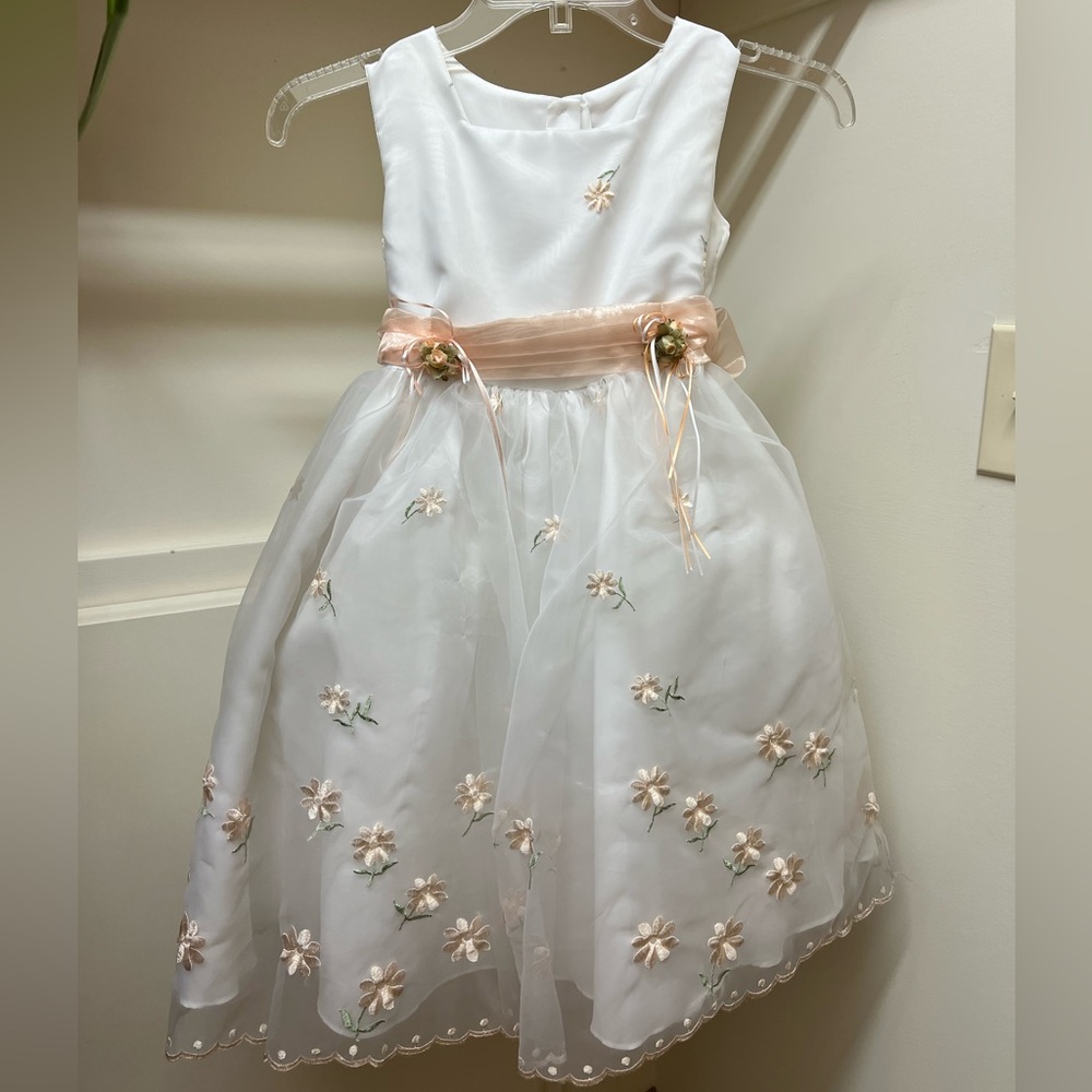 Girls party dress , white with peach flowers.